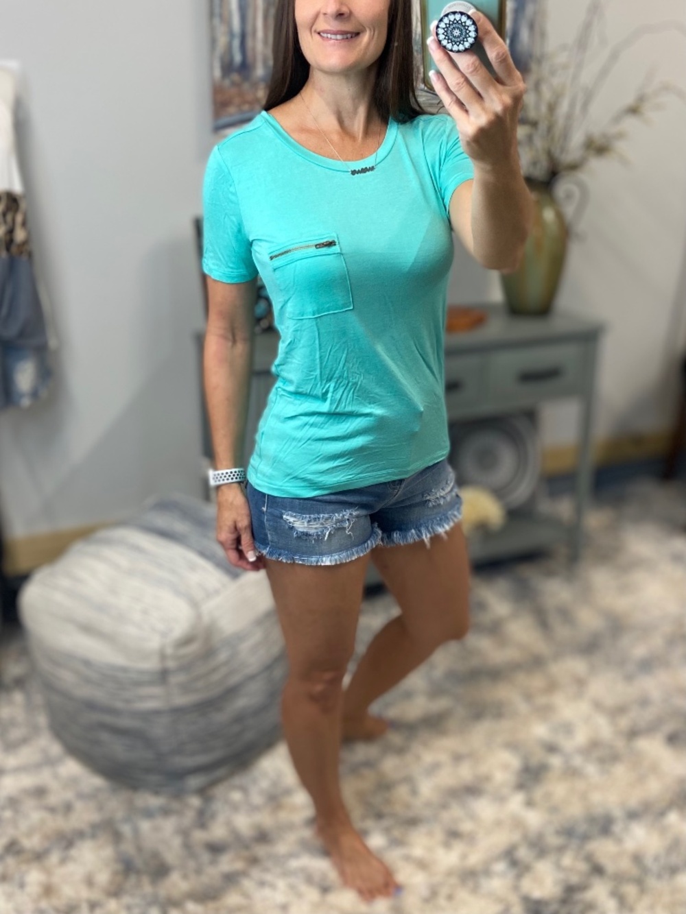 Flowy Top Womens Green Zip Pocket Sexy Scoop Basic Everyday Lightweight 1318
